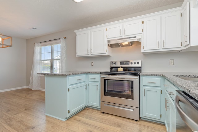 kitchen with appliances with stainless steel finishes, light hardwood / wood-style flooring, white cabinets, and kitchen peninsula