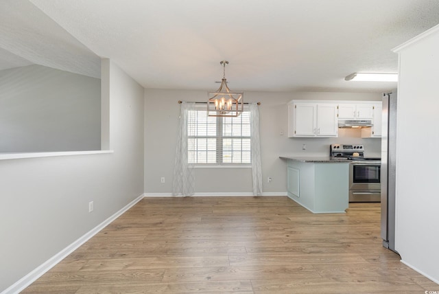 kitchen featuring an inviting chandelier, decorative light fixtures, electric range, light hardwood / wood-style floors, and white cabinets