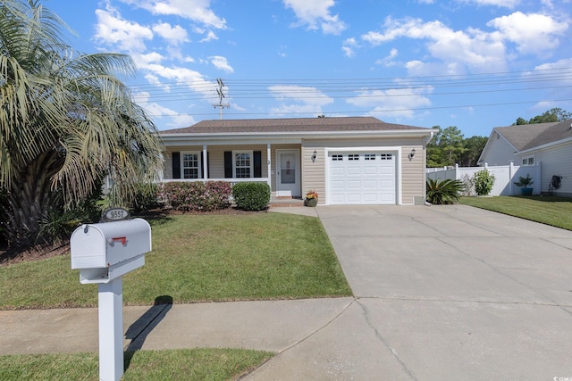 ranch-style house with a garage and a front yard