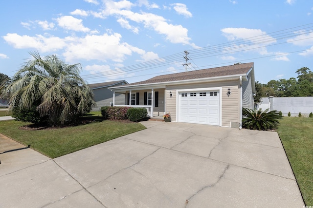 ranch-style home with a garage, covered porch, and a front lawn