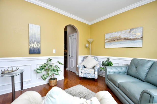 living room featuring crown molding and dark hardwood / wood-style flooring