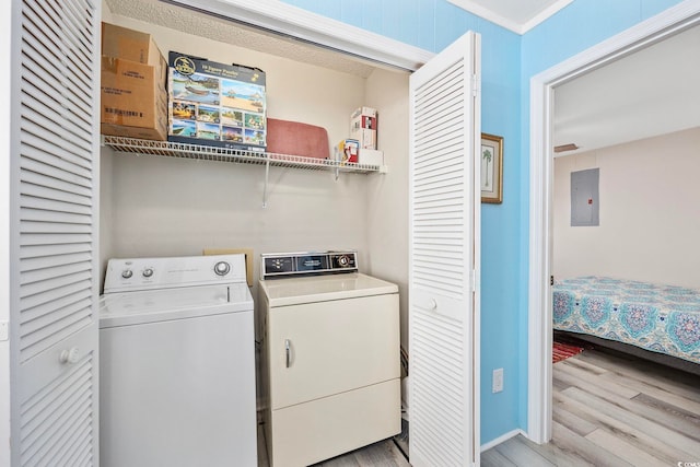 clothes washing area with electric panel, washer and dryer, light wood-style floors, and laundry area