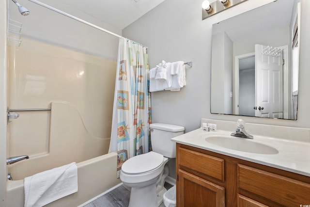 full bath with toilet, shower / tub combo with curtain, vanity, and wood finished floors