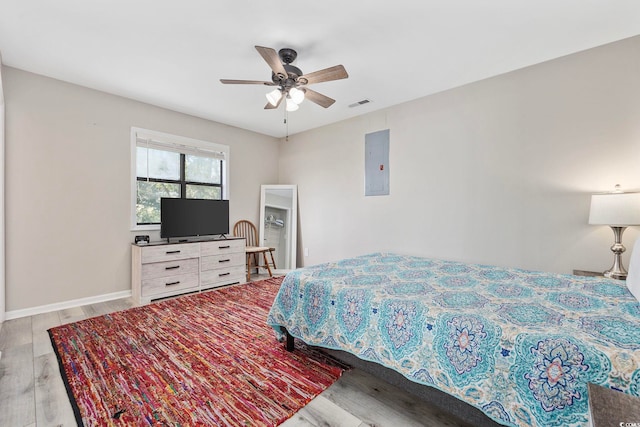bedroom featuring ceiling fan, visible vents, electric panel, wood finished floors, and baseboards