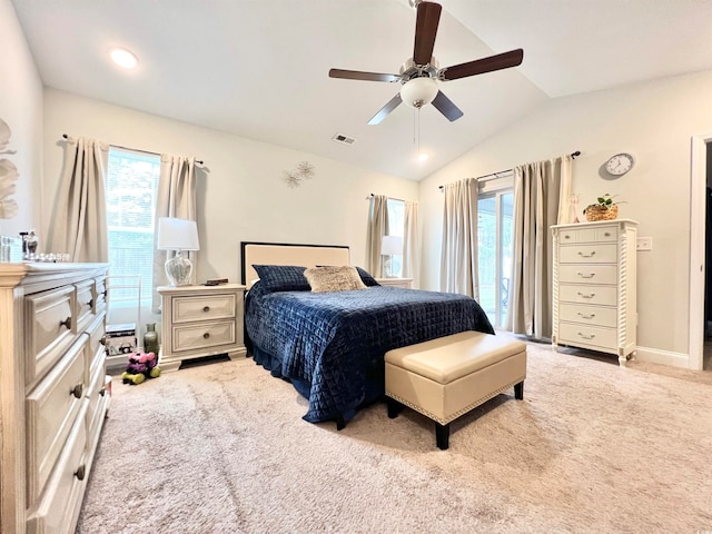 bedroom with lofted ceiling, access to exterior, light colored carpet, and ceiling fan