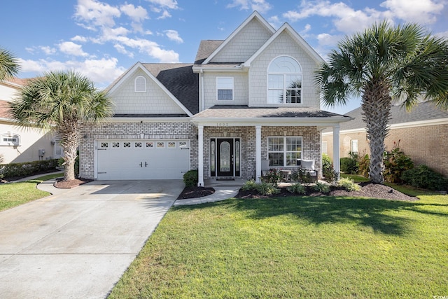 view of front of house with covered porch and a front yard