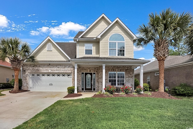 1002 Summers Pl, North Myrtle Beach, SC 29582 - traditional-style house with brick siding, driveway, a front yard, and covered porch