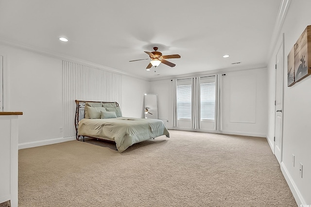 1002 Summers Pl, North Myrtle Beach, SC 29582 - bedroom featuring light colored carpet, ceiling fan, ornamental molding, and recessed lighting