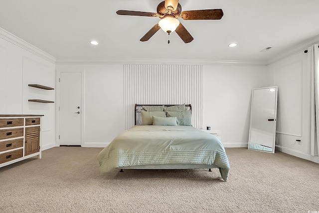 1002 Summers Pl, North Myrtle Beach, SC 29582 - bedroom featuring visible vents, light colored carpet, recessed lighting, and ornamental molding