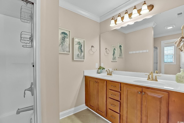 1002 Summers Pl, North Myrtle Beach, SC 29582 - full bath featuring a sink, a shower with shower door, visible vents, tile patterned flooring, and ornamental molding