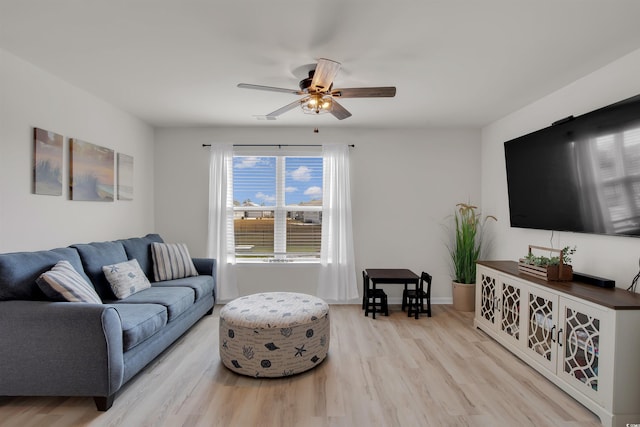 living room featuring ceiling fan and light hardwood / wood-style floors