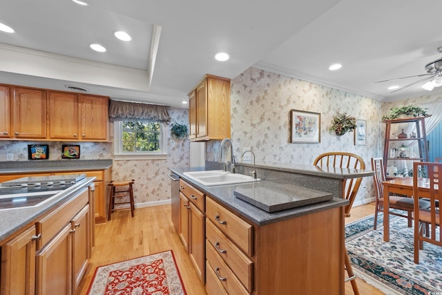 kitchen with sink, a center island, light hardwood / wood-style flooring, ornamental molding, and ceiling fan