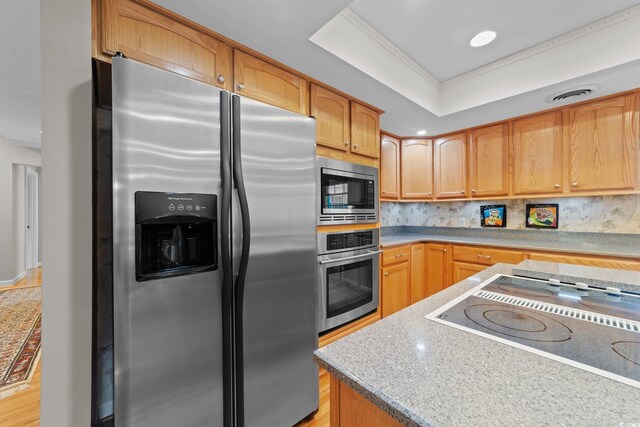 kitchen with tasteful backsplash, light stone countertops, a raised ceiling, and appliances with stainless steel finishes