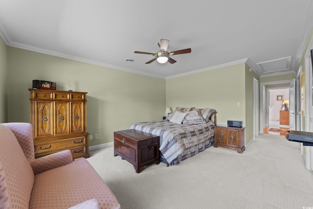 bedroom with crown molding, ceiling fan, and light carpet