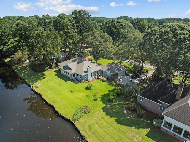 drone / aerial view with a water view