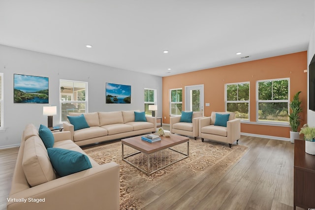 living room featuring light hardwood / wood-style floors and plenty of natural light