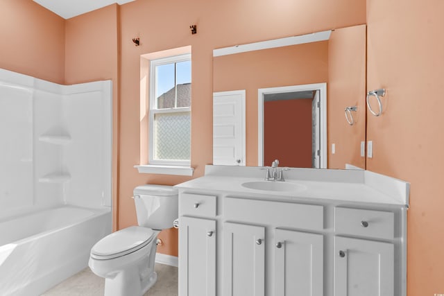 full bathroom featuring shower / bathing tub combination, tile patterned flooring, vanity, and toilet