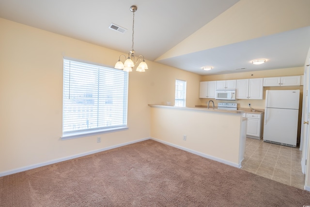 kitchen with light carpet, white appliances, visible vents, lofted ceiling, and white cabinetry