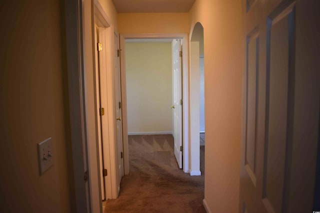 hallway with light colored carpet