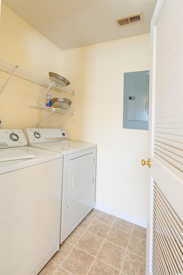 laundry room featuring washing machine and dryer, laundry area, visible vents, baseboards, and electric panel