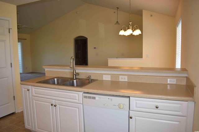 kitchen featuring ceiling fan with notable chandelier, white dishwasher, sink, pendant lighting, and white cabinetry