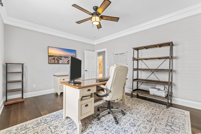 office space featuring ornamental molding, ceiling fan, and dark hardwood / wood-style flooring