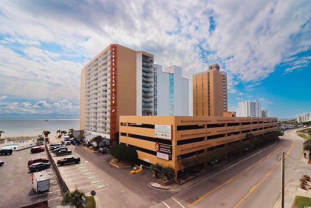 view of building exterior featuring a water view