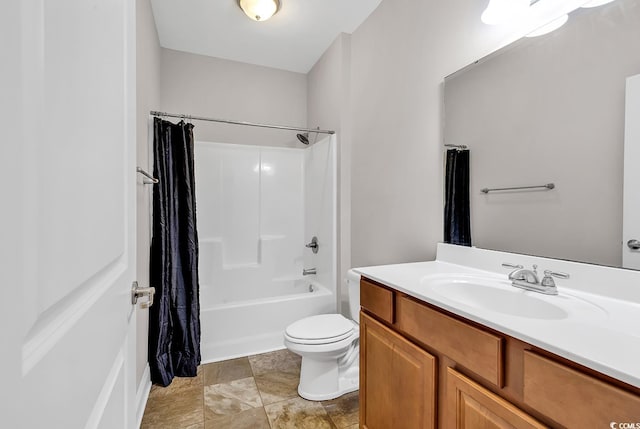 full bathroom featuring vanity, shower / bath combo, and toilet