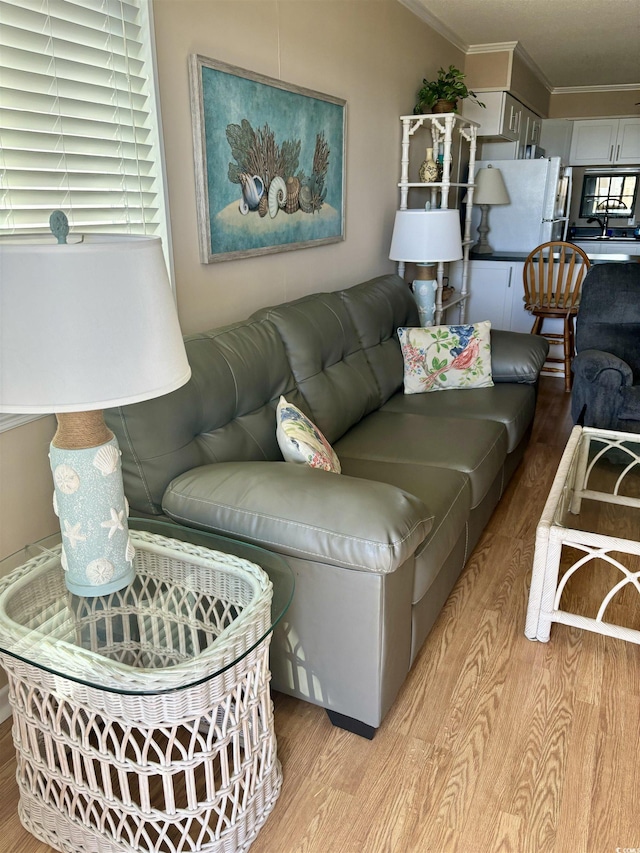 living area featuring light wood-type flooring and crown molding