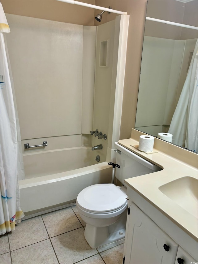 bathroom featuring toilet, shower / bathtub combination with curtain, tile patterned flooring, and vanity