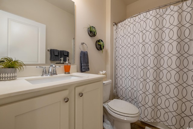 bathroom with vanity, walk in shower, and toilet