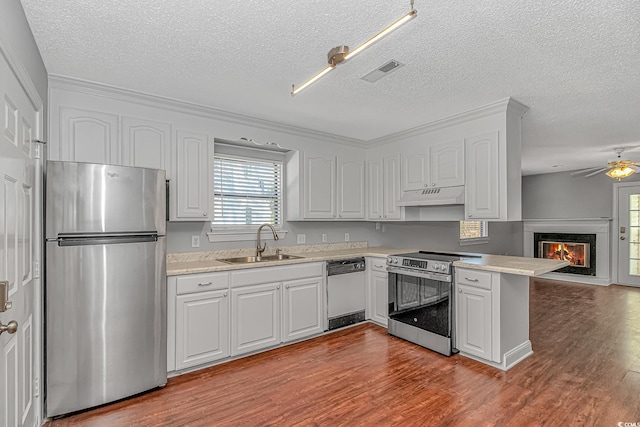 kitchen featuring visible vents, under cabinet range hood, appliances with stainless steel finishes, a peninsula, and a sink