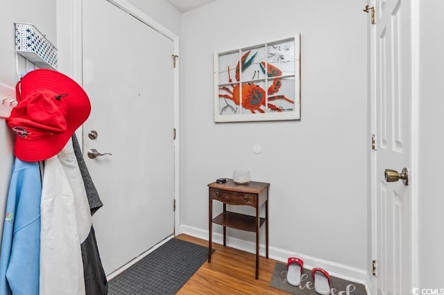 foyer featuring baseboards and wood finished floors