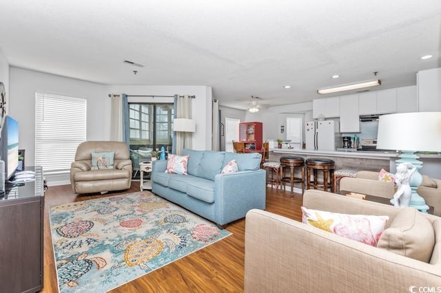 living area with ceiling fan, wood finished floors, and a healthy amount of sunlight