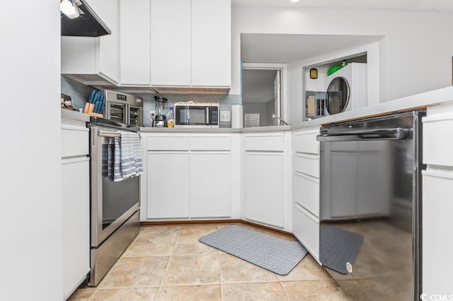 kitchen featuring light countertops, white cabinets, under cabinet range hood, and dishwasher