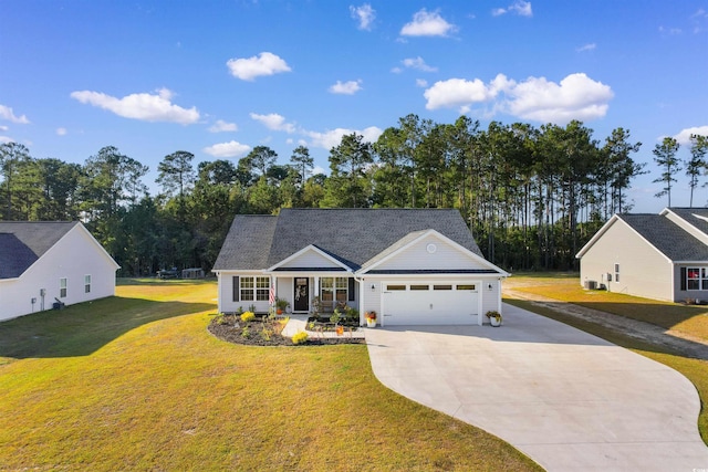 view of front of house featuring a porch, a garage, and a front lawn