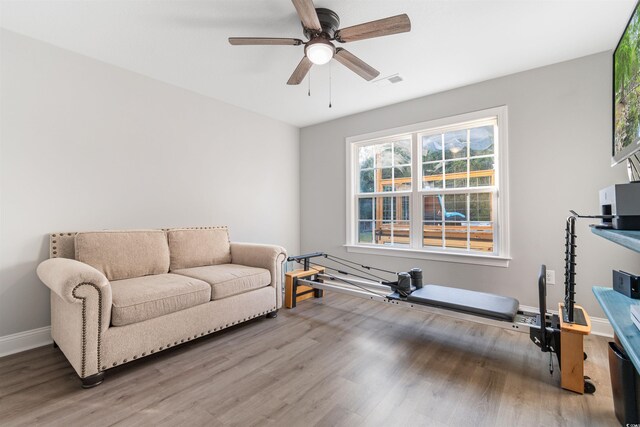 interior space featuring ceiling fan and wood-type flooring