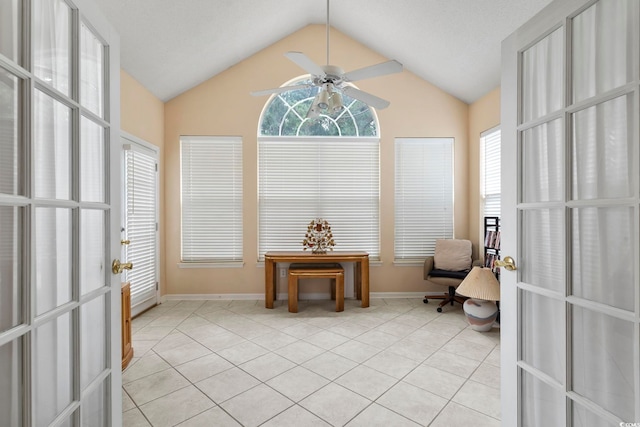 490 Blackberry Ln, Myrtle Beach, SC 29579 - interior space featuring light tile patterned floors, ceiling fan, french doors, baseboards, and lofted ceiling