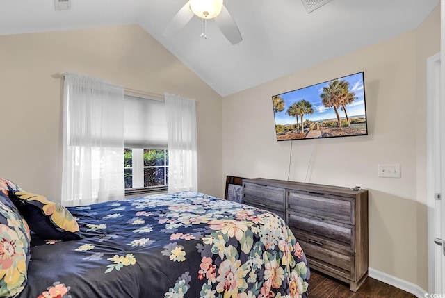 bedroom featuring ceiling fan, lofted ceiling, and dark hardwood / wood-style flooring