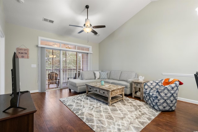 5750 Oyster Catcher Dr Unit 1134, North Myrtle Beach, SC 29582 - living room featuring visible vents, wood finished floors, ceiling fan, and high vaulted ceiling