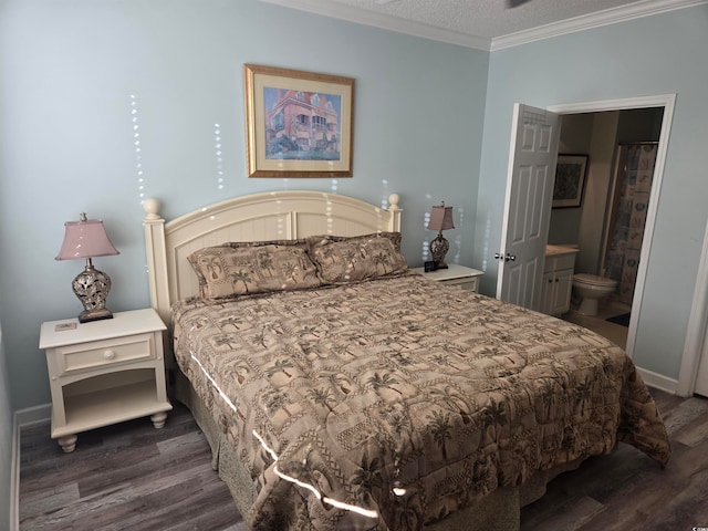 bedroom with crown molding, a textured ceiling, ensuite bathroom, and dark hardwood / wood-style floors