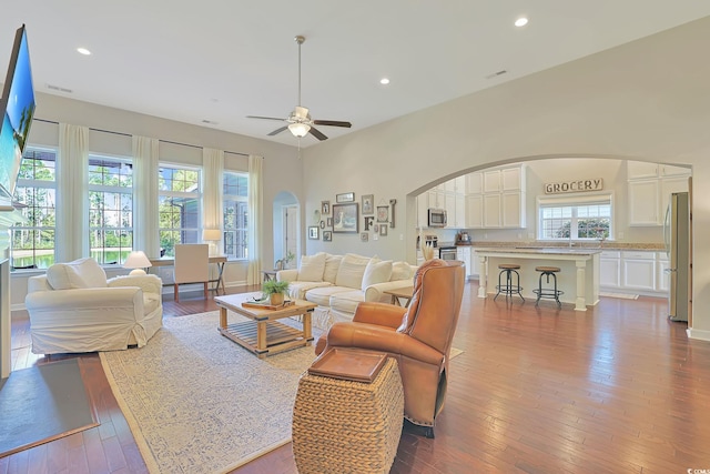 living room featuring hardwood / wood-style flooring and ceiling fan