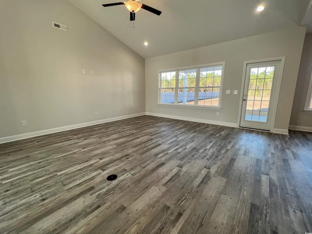 unfurnished living room featuring ceiling fan, high vaulted ceiling, and dark hardwood / wood-style floors