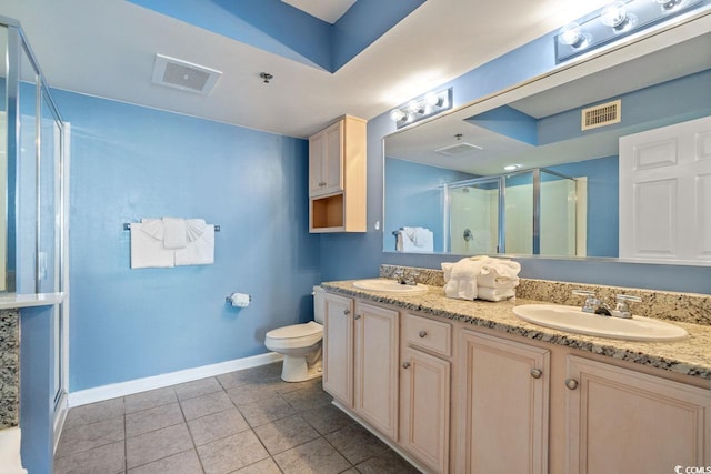 full bath featuring tile patterned floors, visible vents, a shower stall, and a sink