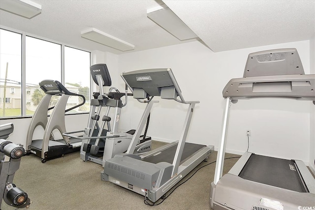 workout area with carpet flooring and a textured ceiling