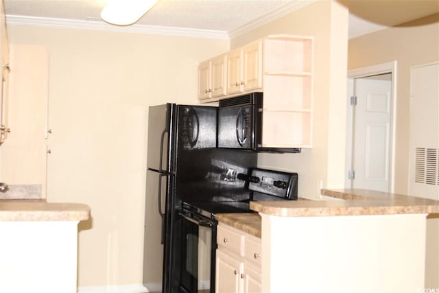 kitchen featuring black appliances, ornamental molding, and kitchen peninsula