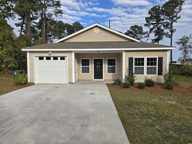 single story home featuring a garage and a porch