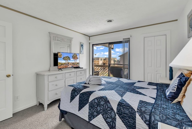 carpeted bedroom featuring a closet, crown molding, access to outside, and a textured ceiling