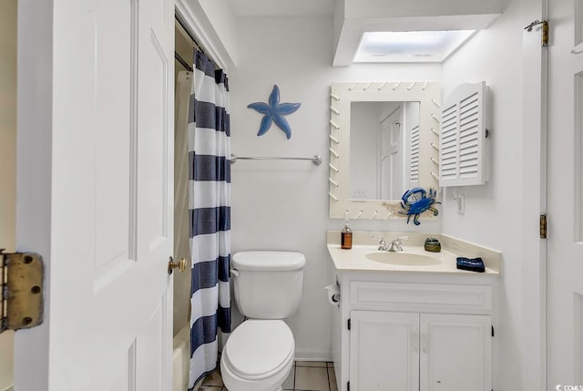 bathroom with toilet, walk in shower, vanity, and tile patterned floors