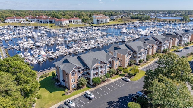 drone / aerial view featuring a water view